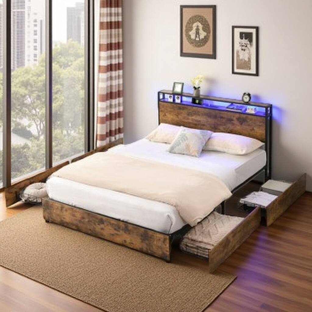 Full Size Bed Frame with Storage Headboard, Charging Station, LED Lights, Noise-Free, Easy Assembly, No Box Spring Required