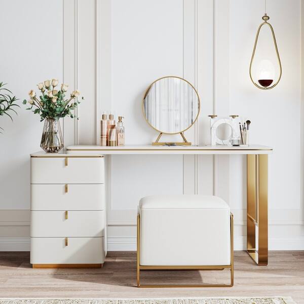 gold metal dressing table Dressing Table: Gold and White Vanity Set with Lighted Mirror & Stool –  Studio GKW main image 0