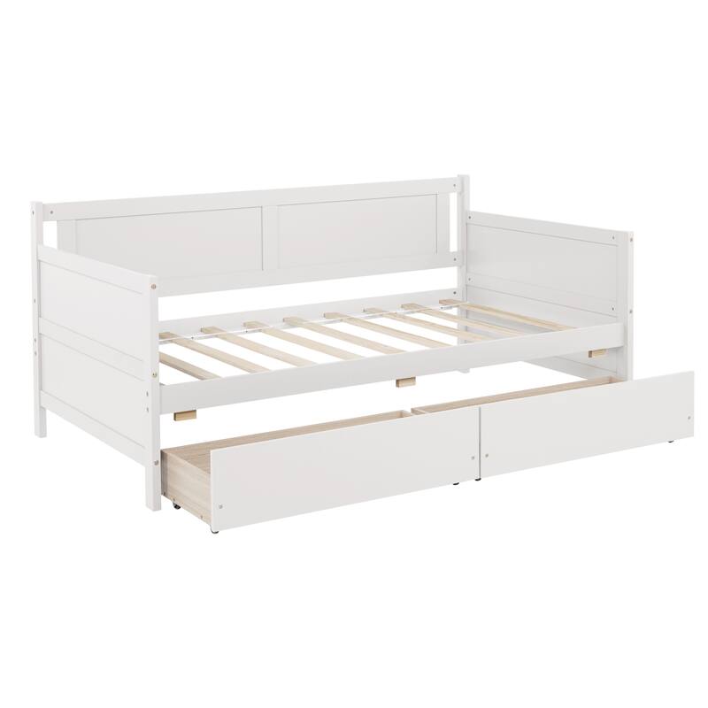 Twin Size White Pine Wood Daybed with 2 Storage Drawers, Convertible Sofa Bed for Bedroom or Living Room