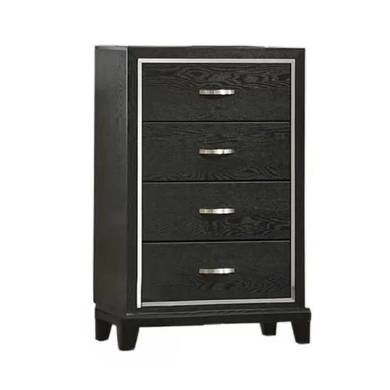 Lyla Tall Dresser Chest, Glam Silver Trim, 4 Drawer, Black Wood