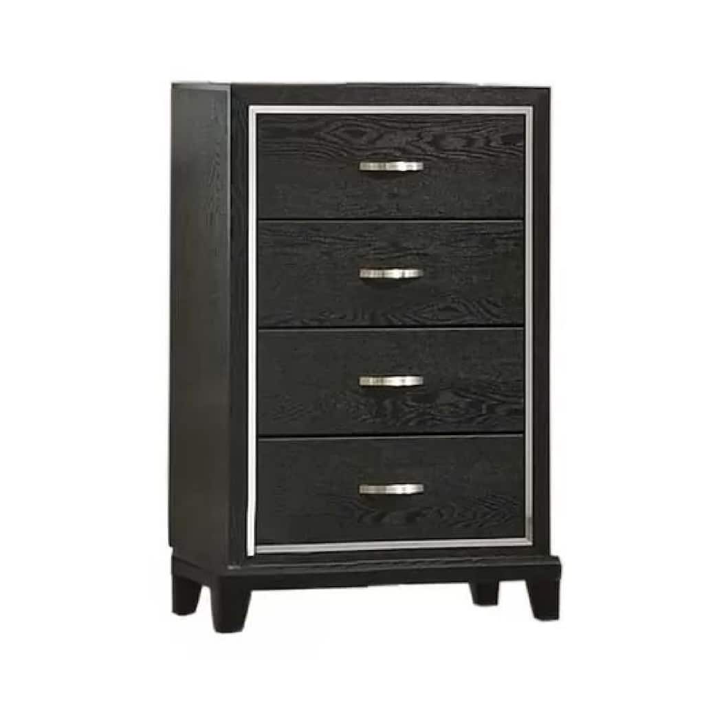 Lyla Tall Dresser Chest, Glam Silver Trim, 4 Drawer, Black Wood