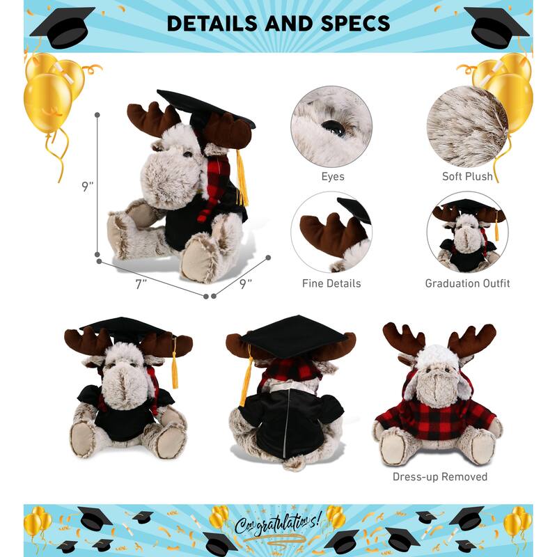 DolliBu Moose with Red Plaid Outfit Graduation Plush with Gown and Cap - 9 inches