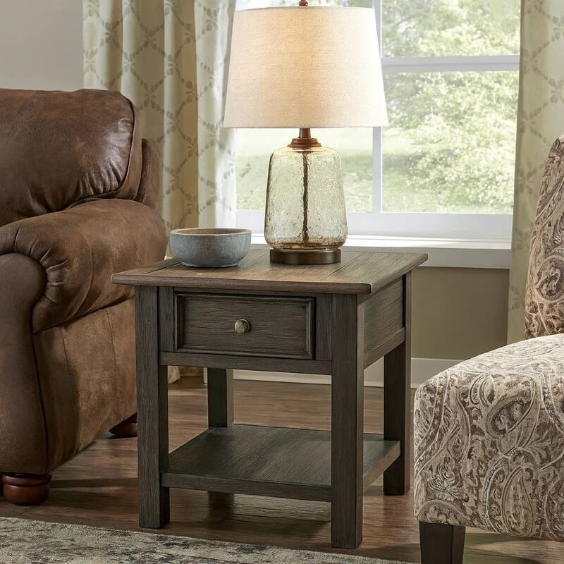 Wooden End Table with One Drawer and One Shelf, Brown and Black