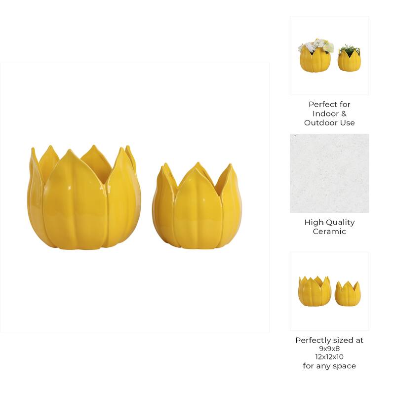 Stoneware Ceramic Planters Petal Design and Drainage Hole (Set of 2)