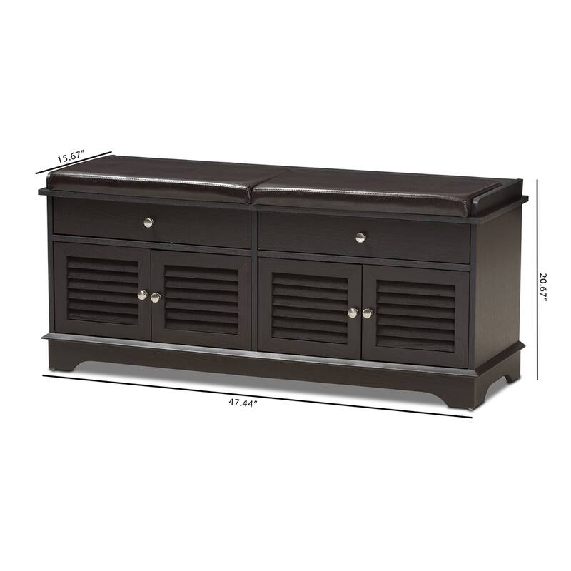 Leo Modern and Contemporary Dark Brown Wood 2-Drawer Shoe Storage Bench - 20.67" High x 47.44" Wide x 15.65" Deep