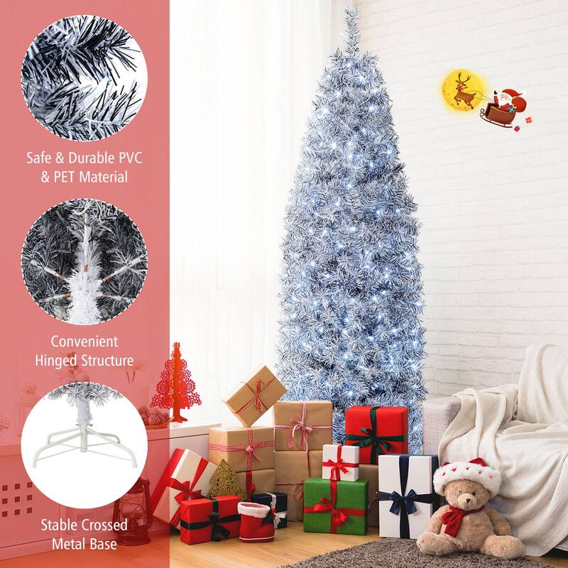 Gymax 7ft Pre-Lit Artificial Christmas Tree Hinged Slim Pencil Xmas