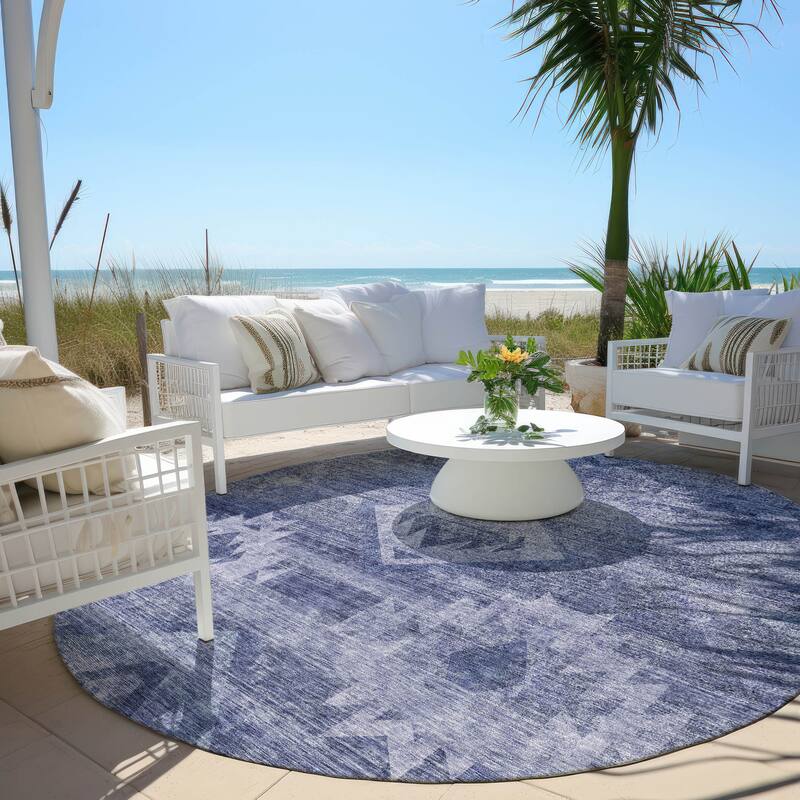 Machine Washable Indoor/ Outdoor Chantille Boho Tribal Rug - Navy - 8' x 8'