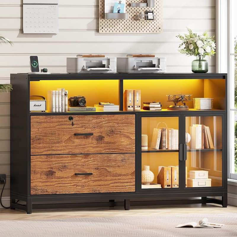 59" LED File Cabinet 2 Drawers Filing Cabinets Legal/Letter/A4 File - Brown