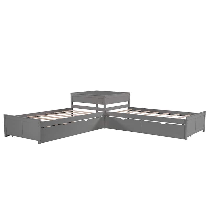 Gray Modern Twin Size L-shaped Bed with Trundle and Drawers