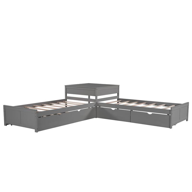 L-Shaped Platform Bed With Trundle And Drawers Linked With Built-In Desk,Twin