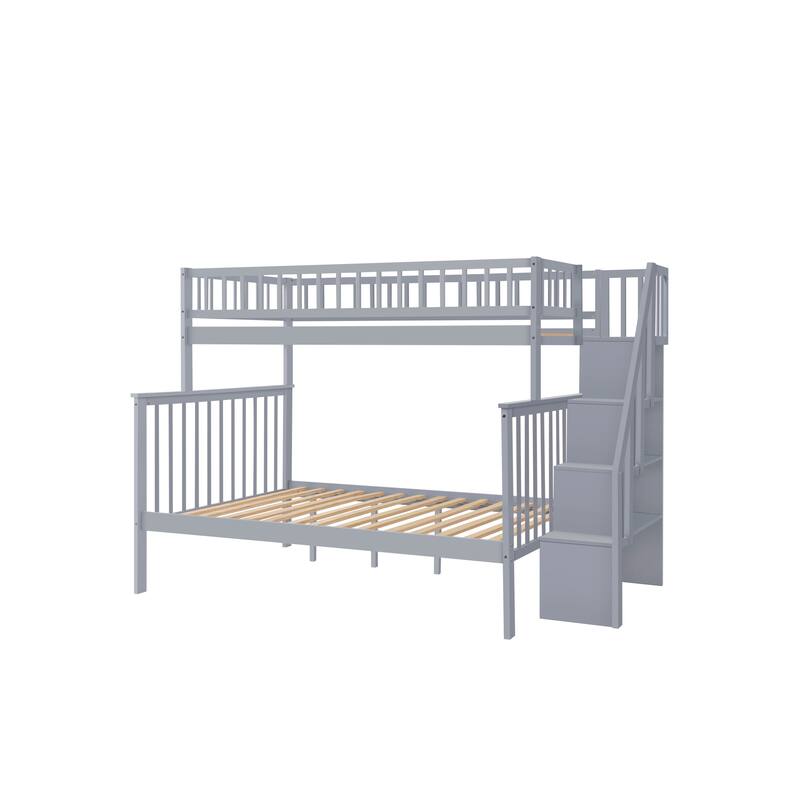 Twin Over Full Stairway Bunk Bed with Trundle,Bunk Bed Frame with Rails and Storage