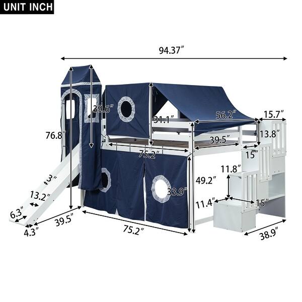 dimension image slide 1 of 2, Full Pine Loft Bed with Staircase, Slide, Tent, Tower, and Guardrail
