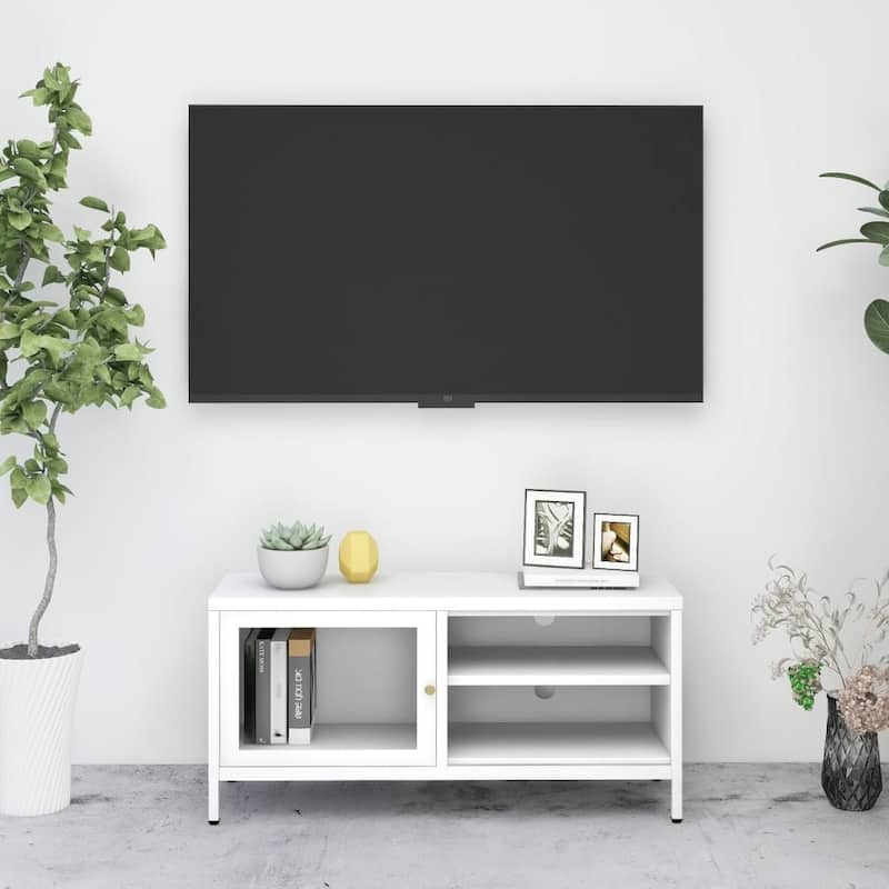 vidaXL TV Stand White 35.4"x11.8"x17.3" Steel and Glass - 35.4" x 11.8" x 17.3"