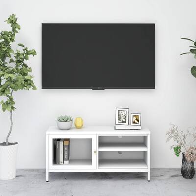 vidaXL TV Stand White 35.4"x11.8"x17.3" Steel and Glass - 35.4" x 11.8" x 17.3"