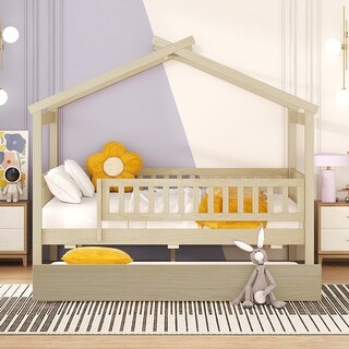 Wooden Full Size Creativity House Bed with Twin Size Trundle and Headboard, Spacious Storage