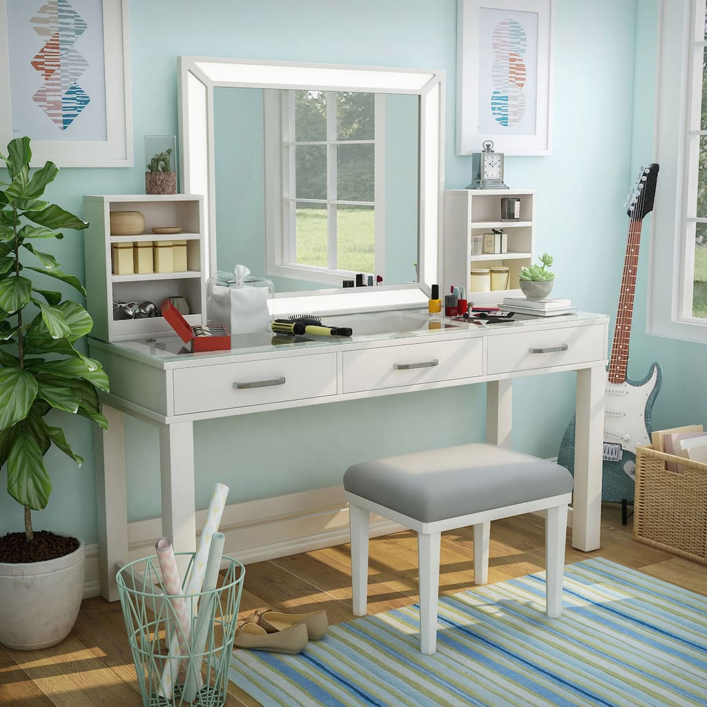 Furniture of America Wres Contemporary Solid Wood LED Light 3-Piece Makeup Vanity Set