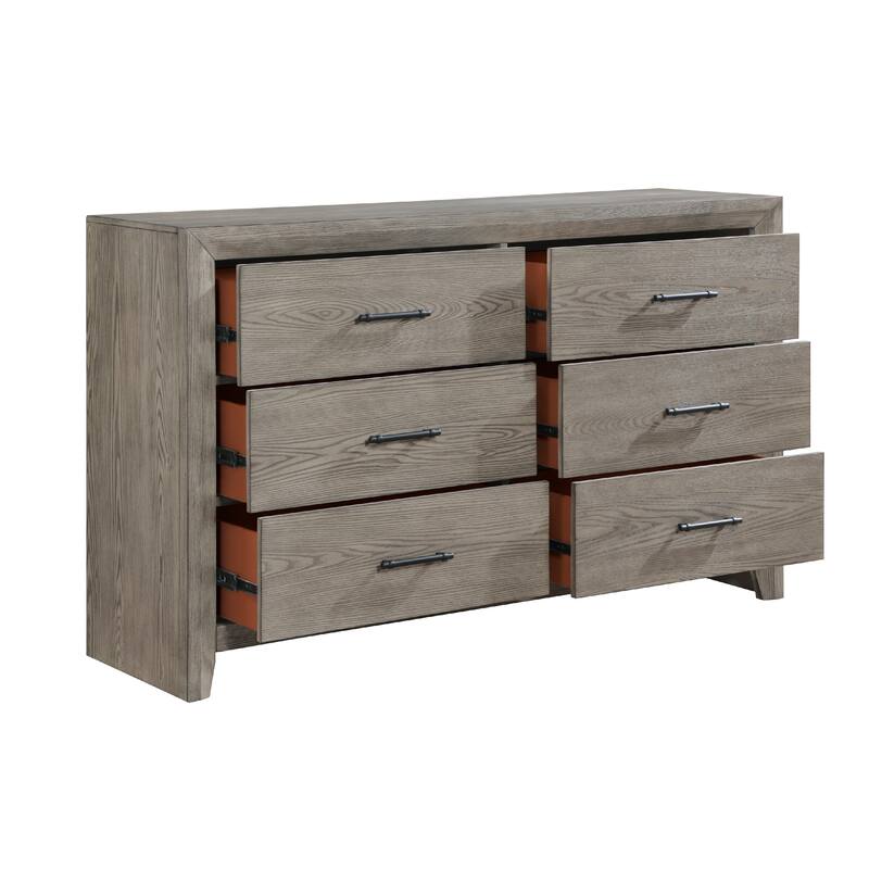 Laso 61 Inch Wide Dresser, 6 Drawers w Metal Handles, Gray Acacia Wood