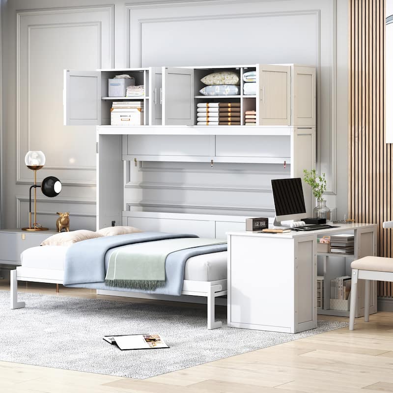 Queen Size Murphy Bed with Desk, Modern Foldable Wall Bed with Storage Shelves and Large Cabinets, Space-Saving Wood Bed Frame
