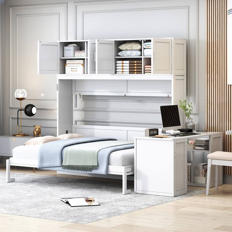 Queen Size Wall-Mounted Murphy Bed with Desk and Storage Cabinets, White/Gray