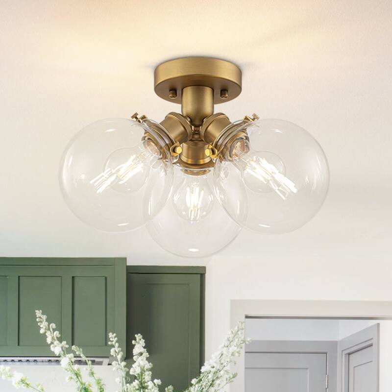 Modern 3-Light Clear Glass Tripple Bubble Semi Flush Mount - 13.8 in - Brass