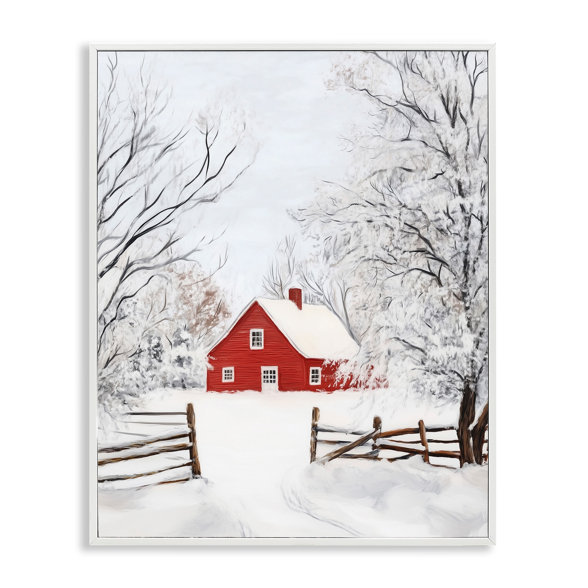 Stupell Red Farmhouse in Snow Framed Giclee Art Design By Arlington Prints