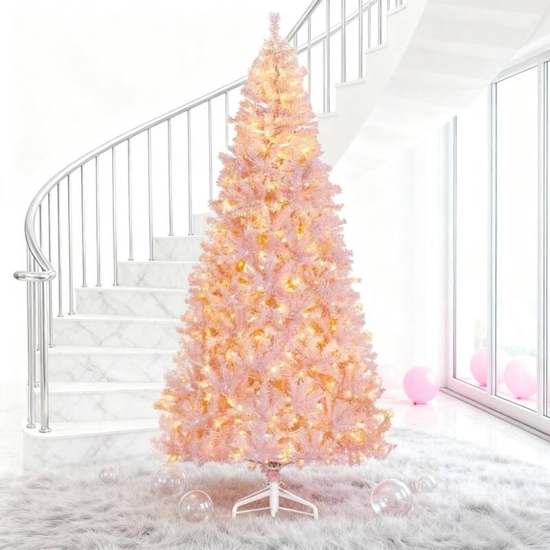 Artificial Christmas Tree - Realistic Branches, Warm White LED Lights - Pink