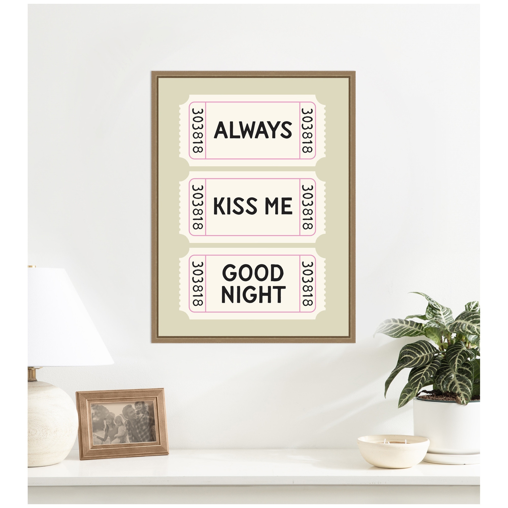 Kate and Laurel Kiss Me Goodnight Ticket Print, Sage Green Wall Art Retro Poster by Lucky Guava Framed Canvas Wall Art Print