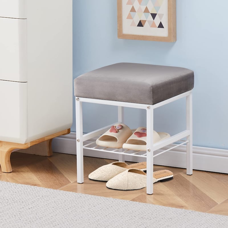 Grey Velvet Square Ottoman Footstool with White Metal Legs for Entryway Bedroom or Dressing Room