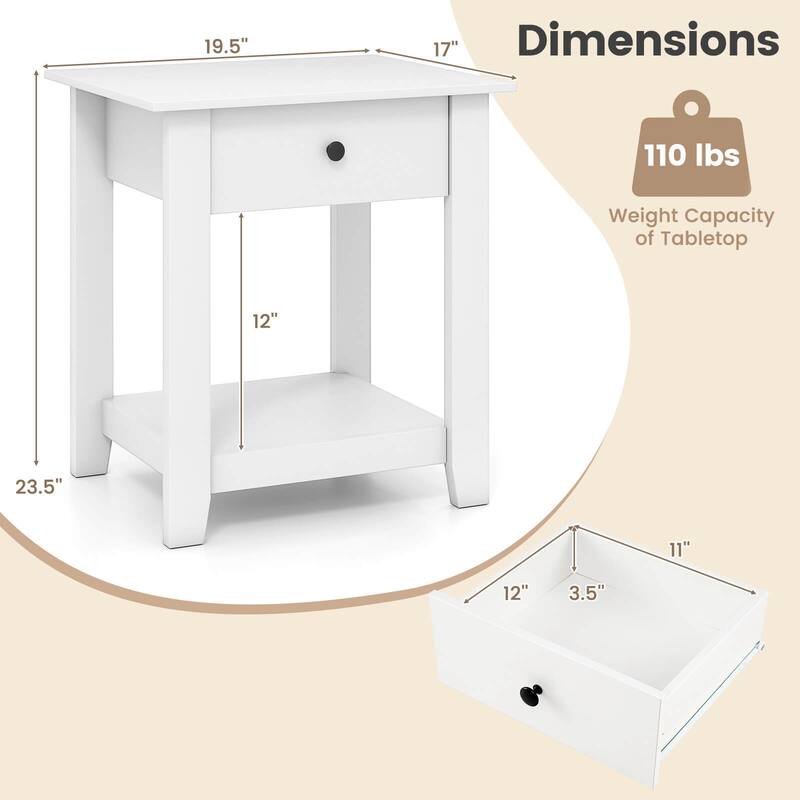 Costway 1/2 PCS Nightstand with Drawer 3-Tier Modern Bedside Table