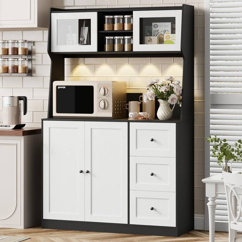 67" Tall Kitchen Hutch Storage Cabinet, Farmhosue Coffee Bar Cabinet with 3 Drawers