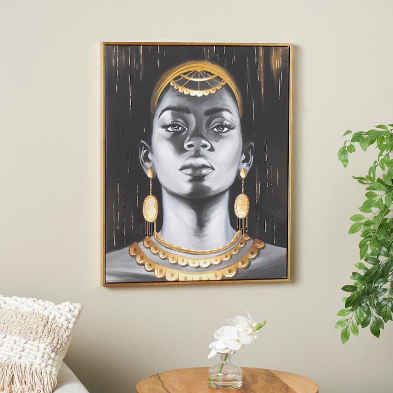 Black Polystone Shaded Woman Living Room Framed Wall Art with Decorative Jewelry and Gold Foil Accents - Black