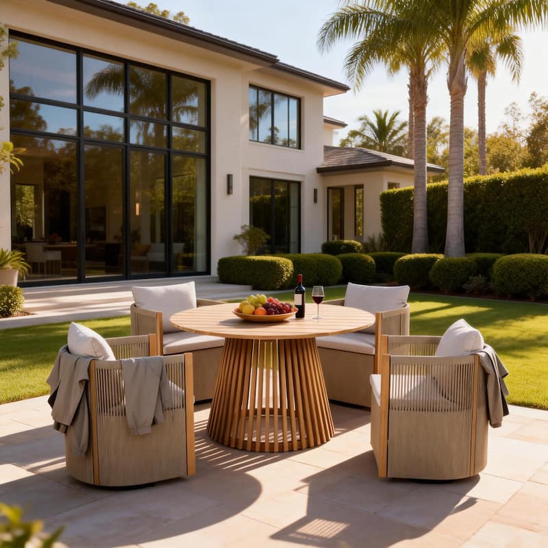 Christopher Knight Home - Roslyn 5-Piece Outdoor Acacia Wood Swivel Dining Set with Rope Woven Wicker Chairs & Round Slat Table - Light Teak+Beige