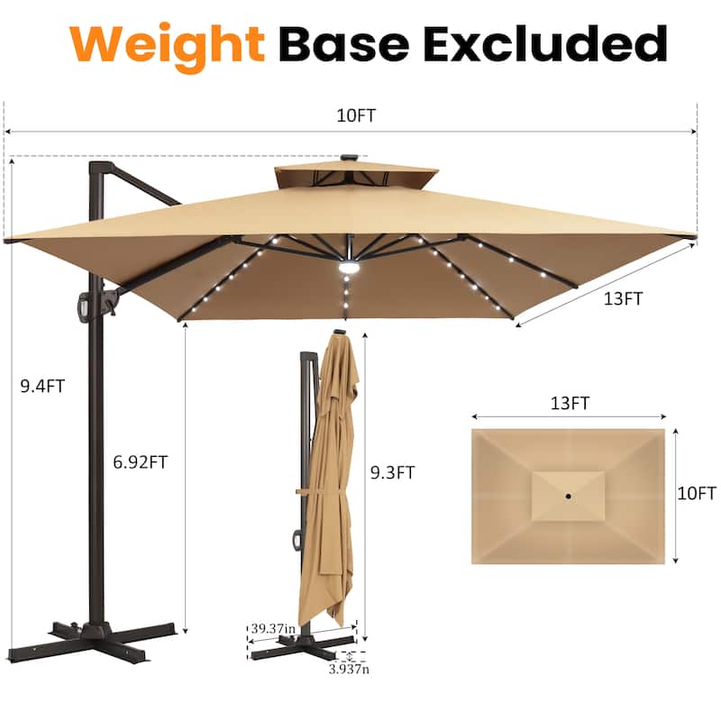 VredHom 10X13 FT Outdoor Cantilever Patio Umbrella Solar LED Light