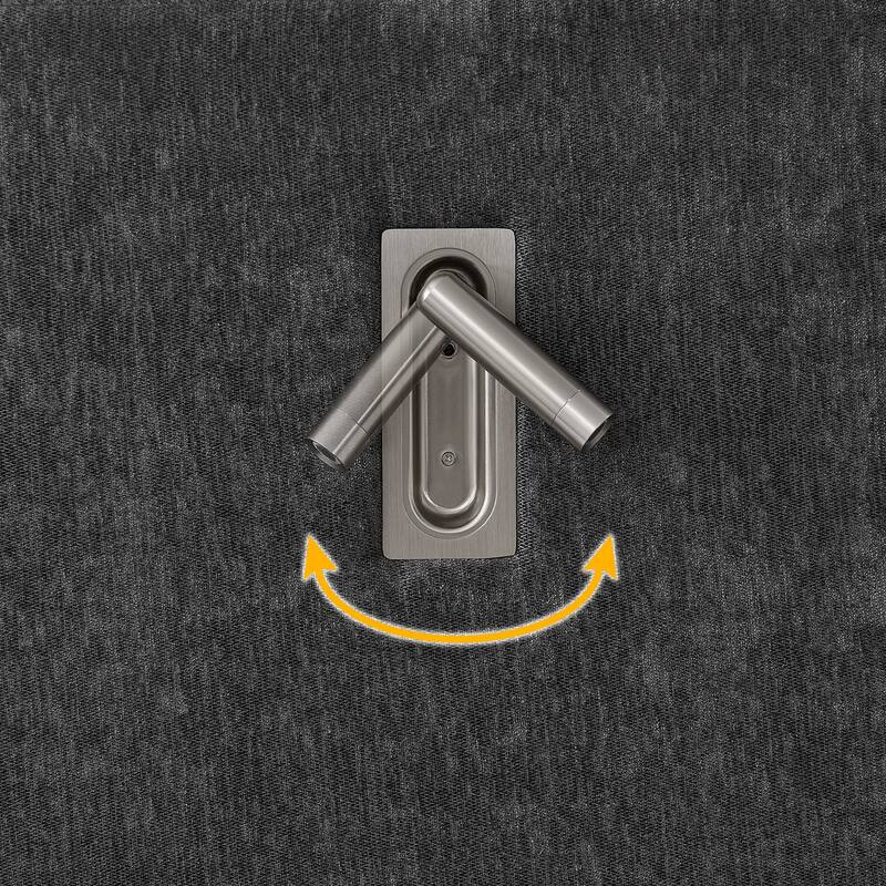 King Size Upholstered Platform Bed with Headboard, Bedside Table, and Adjustable Lamps in Dark Grey