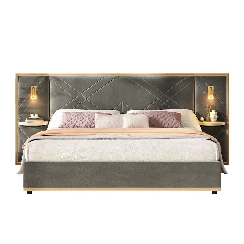 Christopher Knight Home - Voss Velvet Upholstered Bed with 2 Built-in LED Lights and 2 Storage Side Panels