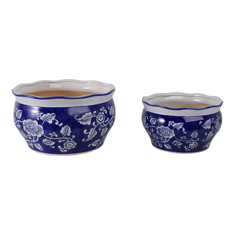 Stoneware Ceramic Chinoisere Planters with Scalloped Edges (Set of 2)