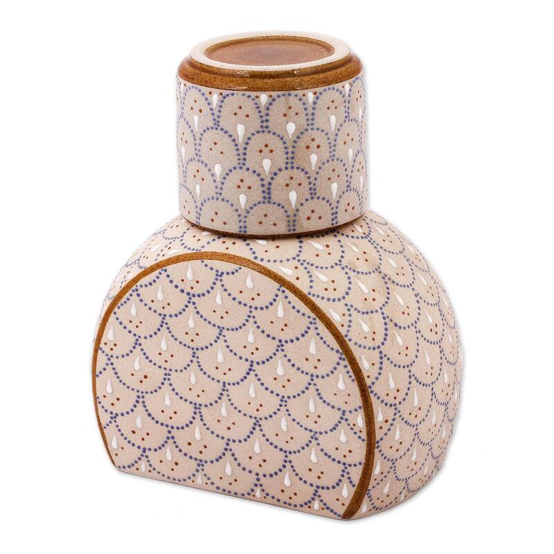 NOVICA Artisan Handblown Ceramic Carafe Pitcher With Cup Grey Beige Liquor Decanters 'Downy Dew'(2 Piece Set)
