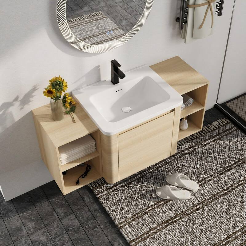 Malwee 24"/36"/48"/60" Floating Bathroom Vanity, Wall Mounted Bathroom Vanity with Ceramic Sink,Soft Close Door and Shelf