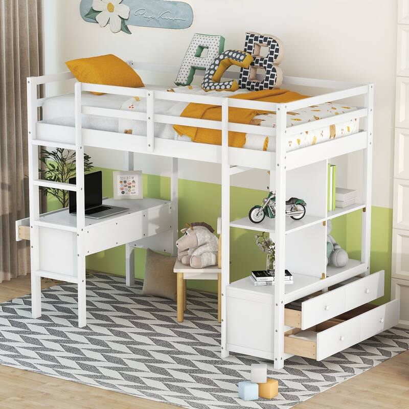 Twin/Full Loft Bed with Desk, Multiple Storage Shelves, Drawers, and Sturdy Pine Wood Frame