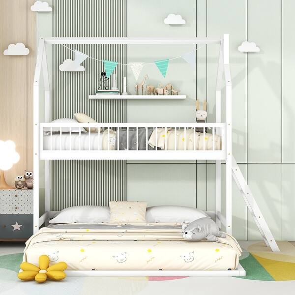 slide 2 of 38, Twin Wooden House Bunk Bed w/ Extending Trundle, Roof & Ladder White