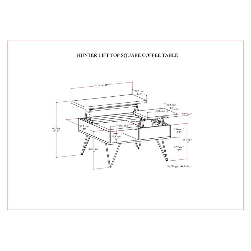 WYNDENHALL Moreno 32 inch Wide Square Industrial Lift Top Coffee Table - 32.1 x 32.1 x 18.1