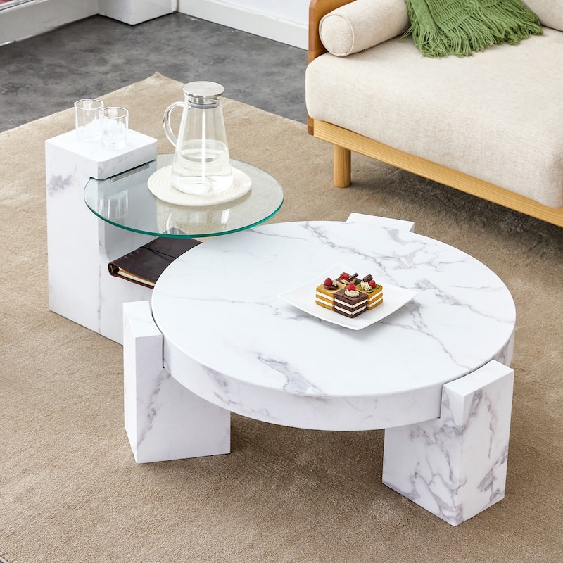 Double-Layer Round Coffee Table, Transparent Glass Top with L-Shaped Legs, Detachable Design Modern Center Table