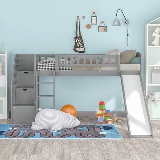 Grey Stairway Twin Size Loft Bed with Two Drawers and Slide - Bed Bath ...