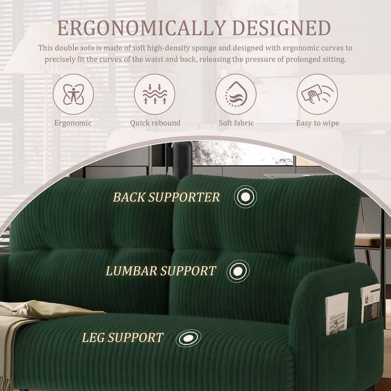 HOMEFUN Corduroy Upholstered Tufted Comfortable Wood Frame Loveseats Sofa with Double Side Pocket