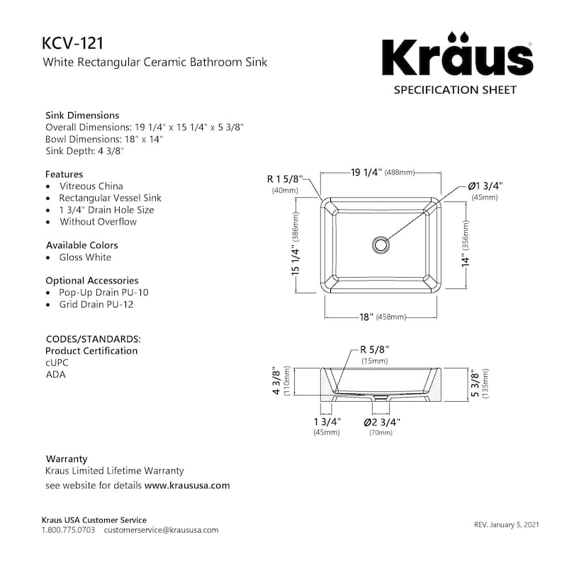 Kraus Elavo 19 inch Rectangle Porcelain Ceramic Vessel Bathroom Sink