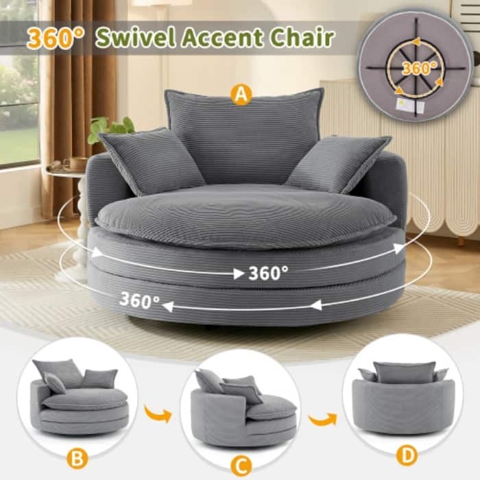 57.5" 360° Swivel Barrel Chair - Dual-Layer Cushion with 3 Removable Pillows for Living Room & Office