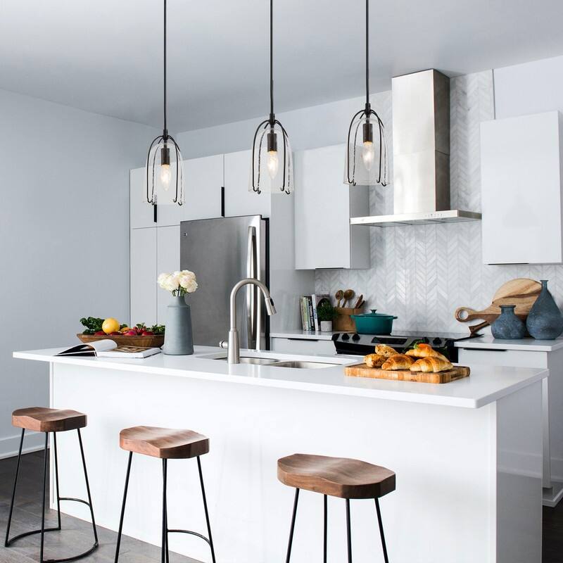Mid-century Mini Pendant 1-light Modern Gold/ Farmhouse Black Seeded Glass Kitchen Island Pendant Lights for Bar - Matte Black