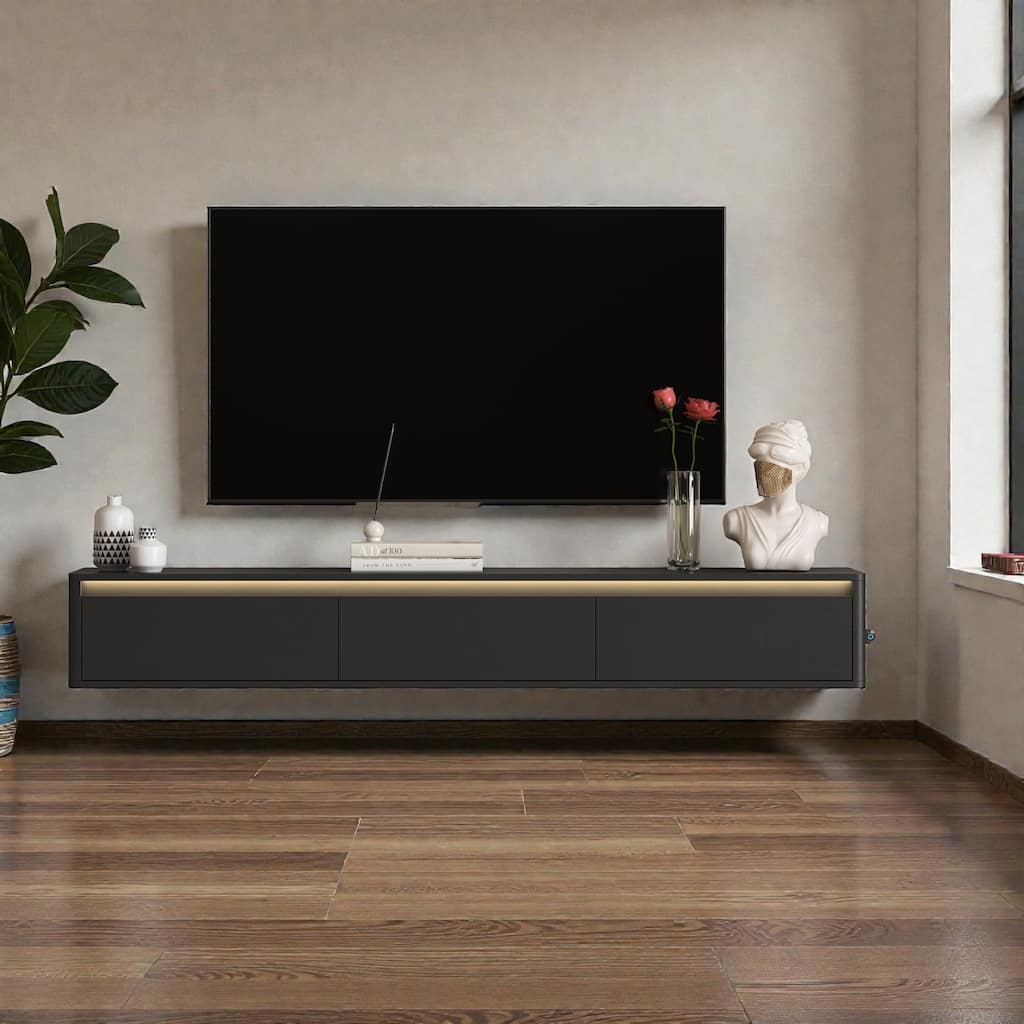 68.9" Floating TV Stand with LED Lights and Power Outlet, Wall Mounted High Gloss Media Console Shelf for Living Room