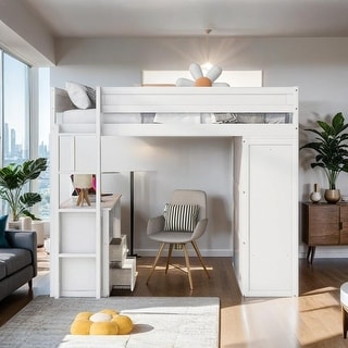 Wood Twin Loft Bed with Wardrobes and 2-Drawer Desk with Cabinet, White