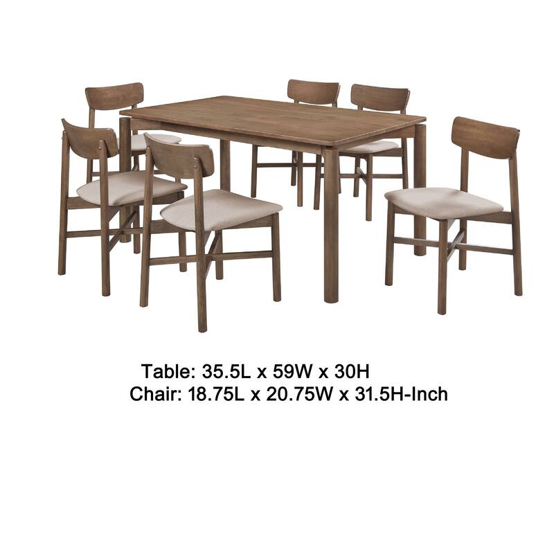 Rida 7pc Dining Table Set w 6 Upholstered Chairs, Natural Walnut Brown